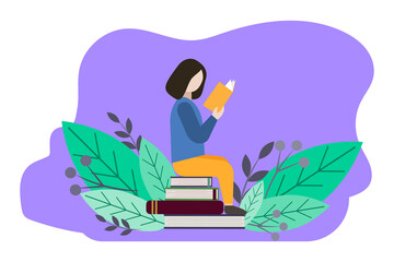 Little men on books in flat style. Cartoon people illustration. Character design. Happy people. Vector illustration. Stock image. 