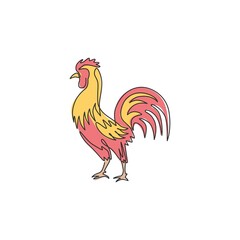 One continuous line drawing of tough rooster for poultry business logo identity. Chicken mascot concept for organic meat food icon. Dynamic single line vector graphic draw design illustration