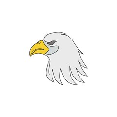 Single continuous line drawing of heroic eagle head for e-sport team logo identity. Falcon bird mascot concept for graveyard icon. Dynamic one line draw vector design graphic illustration