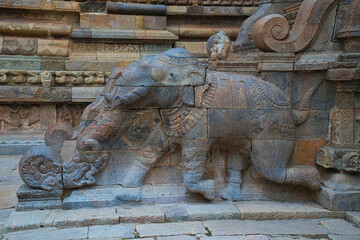 Carvings on the wall of the Airavatesvara temple. One of the ancient temples in the south of India. Tamil Nadu, India.