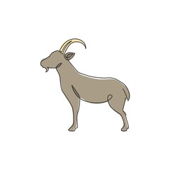 Single continuous line drawing of strong tough goat for business logo identity. Lamb emblem mascot concept for ranch icon. Trendy one line draw design vector graphic illustration