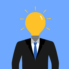 Smart businessman with glowing lightbulb head in flat design. Smart creative investor. Professional manager.