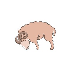 One continuous line drawing of cute sheep for livestock logo identity. Funny lamb mascot emblem concept for cattle icon. Dynamic single line draw graphic design vector illustration