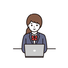 笑顔でノートパソコンを操作する制服の女子学生