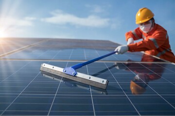 (Selective focus)Industrial technicians in uniforms and safety helmets use a squeegee mop to Cleaning, maintenance the surface of solar panels with high-voltage towers and sky light background.