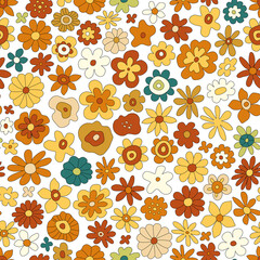 70s retro flower vector seamless pattern. Groovy vintage floral repeat pattern with flowers, simple shapes.Wavy geometric floral hippie print for wallpaper,banner, fabric, wrapping.Abstract background