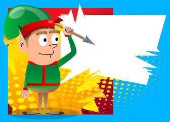 Christmas Elf holding spear in his hand. Vector cartoon character illustration of Santa Claus's little worker, helper.
