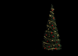 Christmas tree decorated with garlands, balls and lights on black background, New Year's Eve party concept. render 3d