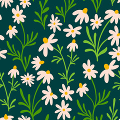 Chamomile and daisy seamless pattern. Wildflower print design with hand drawn flowers on dark background. Simple field floral pattern for packaging, fabric design. Blossom herbs ornament.