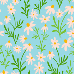 Fototapeta na wymiar Chamomile and daisy seamless pattern. Wildflower print design with hand drawn flowers on light blue background. Simple field floral pattern for packaging, fabric design. Blossom herbs ornament.