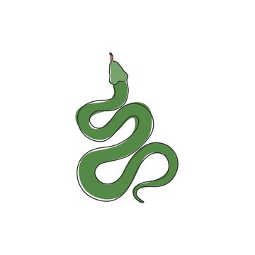 Single continuous line drawing of venomous snake for business logo identity. Deadly black mamba mascot concept for company brand icon. Modern one line draw design graphic vector illustration