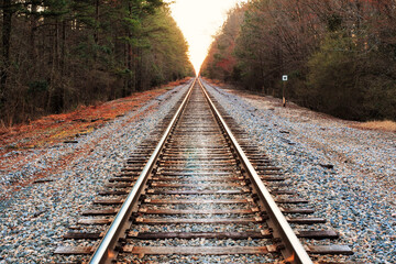 Fototapeta na wymiar A diminishing perspective view straight down railroad tracks to the horizon.