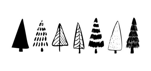 Christmas tree doodle set. Hand drawn xmas decorations icons. Vector illustration christmas trees isolated on white background. Design elements for holiday greeting card, gift tag.