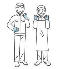 ガッツポーズをとる食品工場や給食職員の男女のベクターイラスト素材／病院／工場／調理師／求人