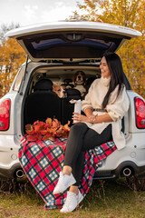 A young beautiful girl came to the forest with dogs for a picnic. Sits in the trunk on a colored blanket and drinks coffee.