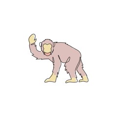 Single continuous line drawing of cute jumping chimpanzee for national zoo logo identity. Adorable primate animal mascot concept for circus show icon. One line graphic draw design vector illustration
