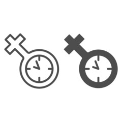 Obraz premium Feminine beginning, female symbol, clock, watch line and solid icon, dating concept, timepiece vector sign on white background, outline style icon for mobile concept and web design. Vector graphics.