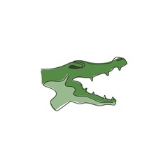 One continuous line drawing of angry head wild crocodile for company logo identity. Scary animal alligator concept for national park icon. Modern single line draw design graphic vector illustration