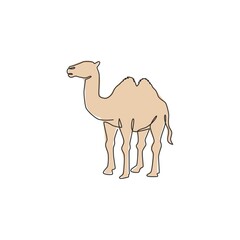 One single line drawing of desert Arabian camel for logo identity. Cute mammal animal concept for livestock husbandry icon. Trendy continuous line draw design graphic vector illustration