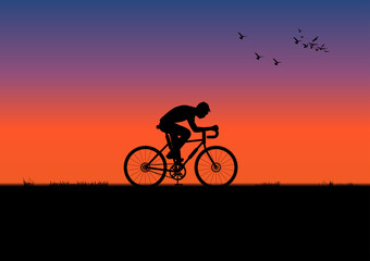Fototapeta na wymiar a man riding a bicycle in evening with light of sunset and orange silhouette of sunset vector illustration