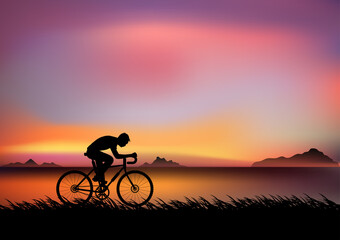 a man riding a bicycle in the evening with light of sunset and orange silhouette of sunset vector illustration