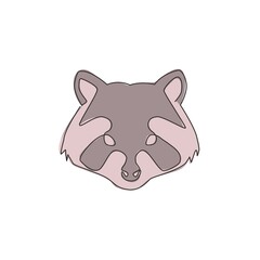 One continuous line drawing of wild but cute head raccoon for e-sport logo identity. Funny mammal animal mascot concept for team game icon. Trendy single line draw design graphic vector illustration