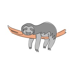 One single line drawing of lovely adorable sloth sleeping at branch tree for logo identity. Cute mammal mascot concept for zoo icon. Trendy continuous line draw design vector graphic illustration