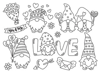 Valentine’s day gnome, gnome couple, gnome with heart outline for coloring vector illustration.
