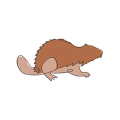 One single line drawing of funny beaver for logo identity. adorable funny rodent animal mascot concept for pet lover club icon. Trendy continuous line draw design vector graphic illustration