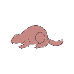 Single continuous line drawing of adorable river beaver for logo identity. Cute animal rodent mammal mascot concept for national zoo icon. Dynamic one line draw design graphic vector illustration