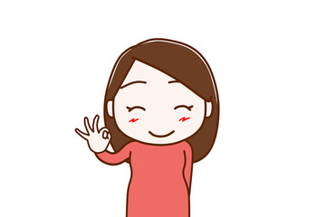 （上半身正面リメイク）笑顔でバッチリの手をする女性