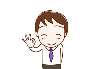 （上半身正面リメイク）笑顔でバッチリの手をする男性