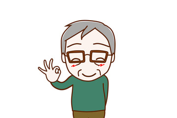 （上半身正面リメイク）笑顔でバッチリの手をする高齢の男性