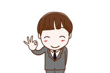 （上半身正面リメイク）笑顔でバッチリの手をする男子学生