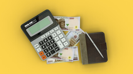 3D rendering of an isolated composition of Nigerian Naira notes, a calculator, a note book and a pen
