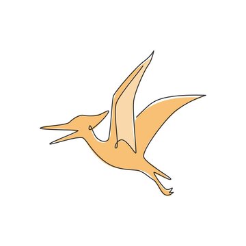 One continuous line drawing of aggressive pterodactyl prehistory animal for logo identity. Dinosaurs mascot concept for prehistoric museum icon. Single line draw design vector illustration graphic