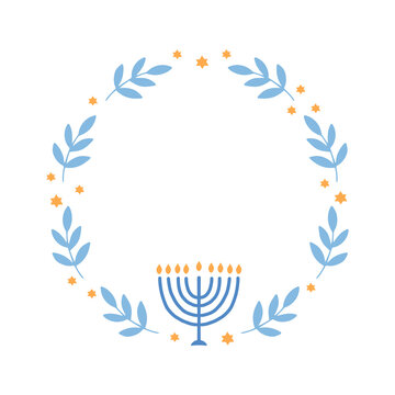 Hanukkah floral wreath with menorah vector illustration. Jewish holiday Chanukah. Hand-drawn festive party decoration. Hanuka greeting card with a traditional symbol.
