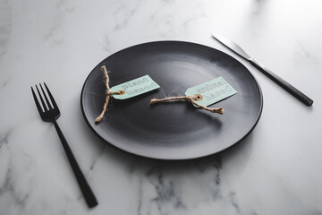 plant-based and animal-based product tags on top of black dining plate on marble table, healthy...