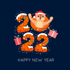 Happy New Year greeting card. 2022. The tiger cub - сhinese New year. Vector illustration.