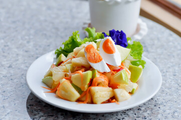 fruit salad or spicy salad, apple and egg salad