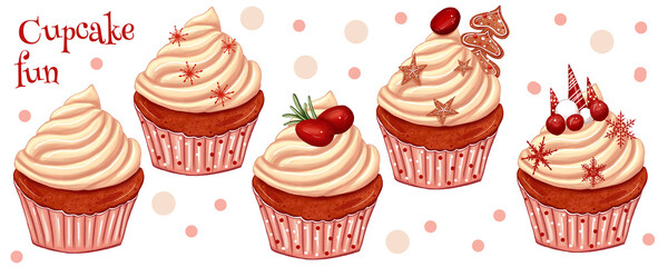 Cute tasty X mas cupcakes, Christmas desserts, holiday decorated sweets, winter sweet design elements