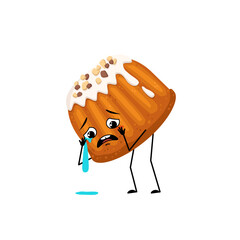 Cute glazed muffin with nut sprinkles character with crying and tears emotion, sad face, depressive eyes, arms and legs. Baking person, bun with melancholy expression. Vector flat illustration