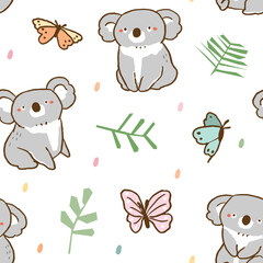 Seamless Pattern with Koala Bear, Butterfly and Leaf Illustration Design on White Background
