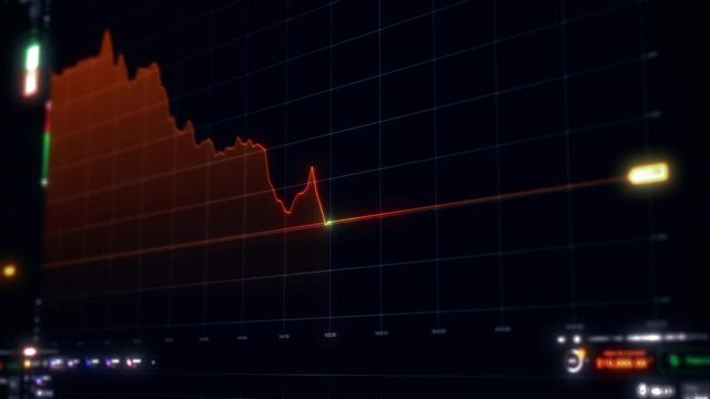Stock market and information of exchange with data of price on market wall. Change and volume. Financial indexes change up and down over time. Concept of trading crypto assets and bitcoin