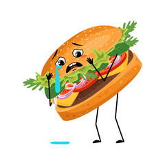 Cute character hamburger with crying and tears emotion, sad face, depressive eyes, arms and legs. Fast food person, sandwich with melancholy expression. Vector flat illustration of products and meat