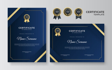 Modern blue and gold certificate template. Diploma certificate border template set with badges for award, business, and education