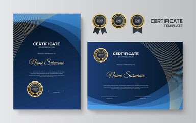 Modern simple luxury elegant blue certificate template with golden elements. Diploma certificate border template set with badges for award, business, and education