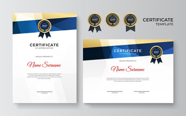 Modern blue and gold certificate template. Diploma certificate border template set with badges for award, business, and education
