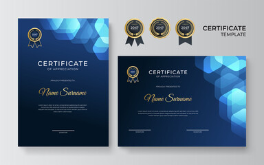 Modern simple luxury elegant blue certificate template with golden elements. Diploma certificate border template set with badges for award, business, and education