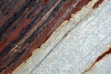 Brown rust stains and stains on the surface of the gray metal sheet for the background.